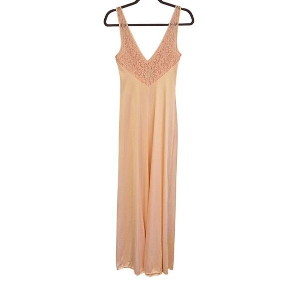 Vintage S Peach Lace-Trimmed Full-Length Nightgown Tie-Back Glam Sexy Romantic - Picture 1 of 14